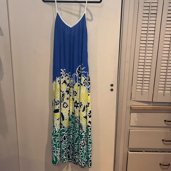 Desigual maxi thin strapped tri color block print viscose dress size large - Picture 1 of 9